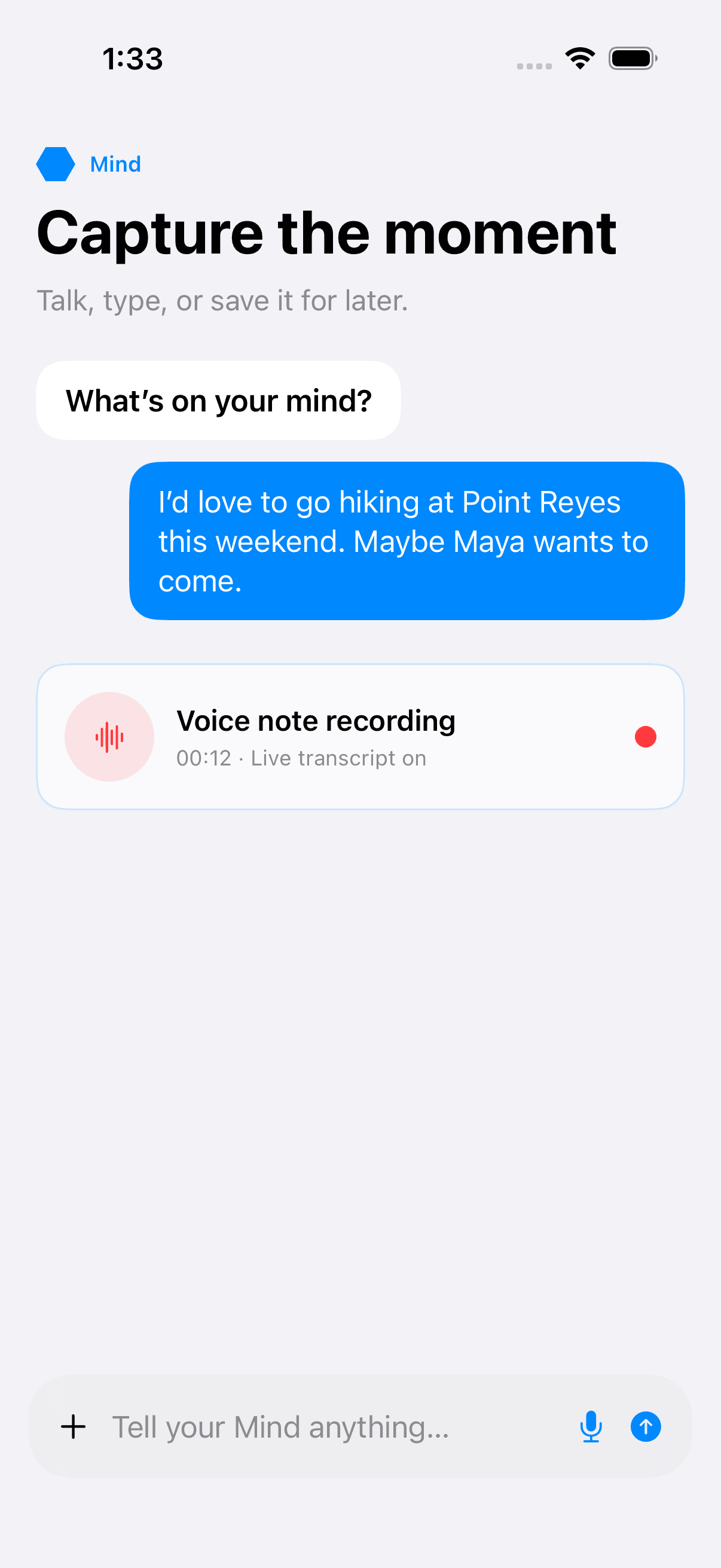 HiveMind capture screen recording a voice note about hiking at Point Reyes with Maya.