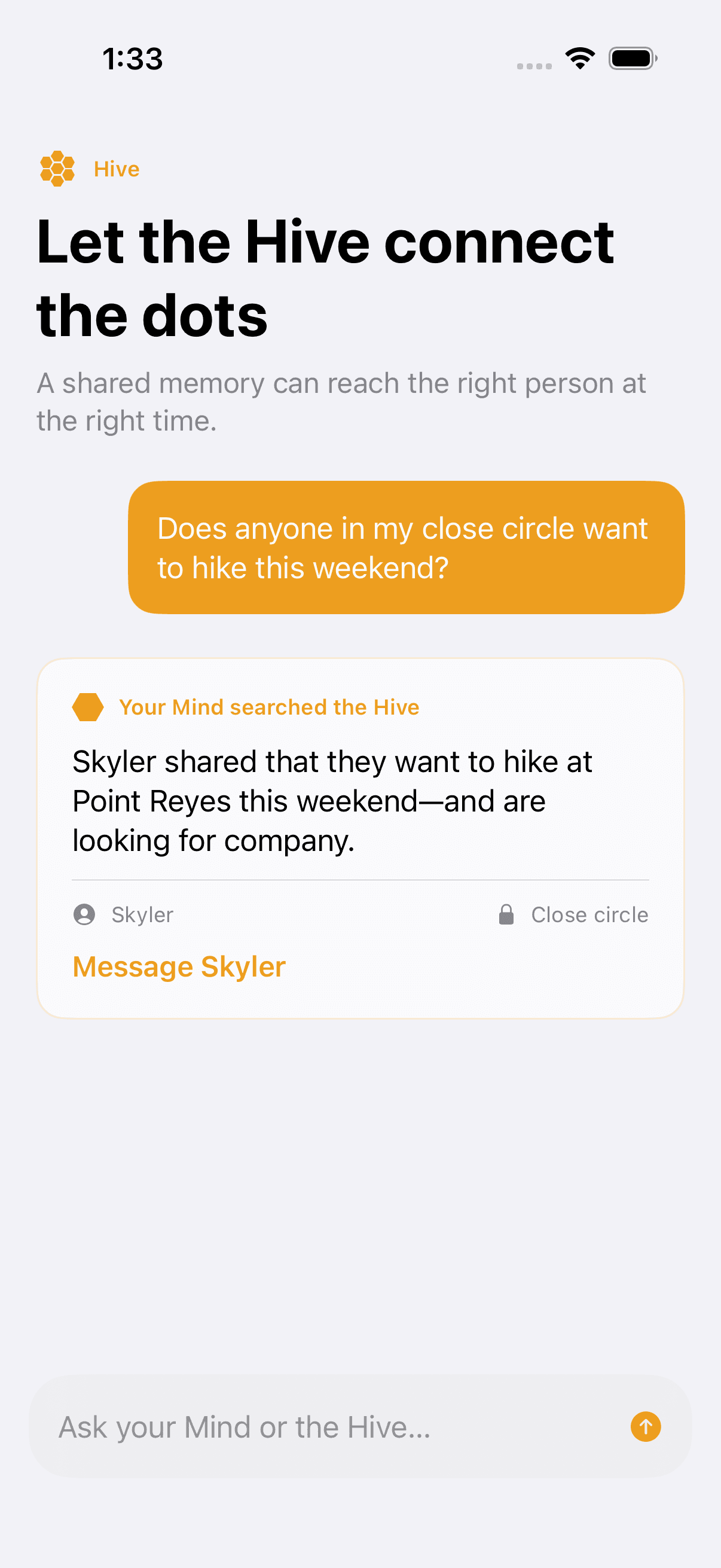 A HiveMind conversation finding a close friend who shared that they want to hike at Point Reyes.