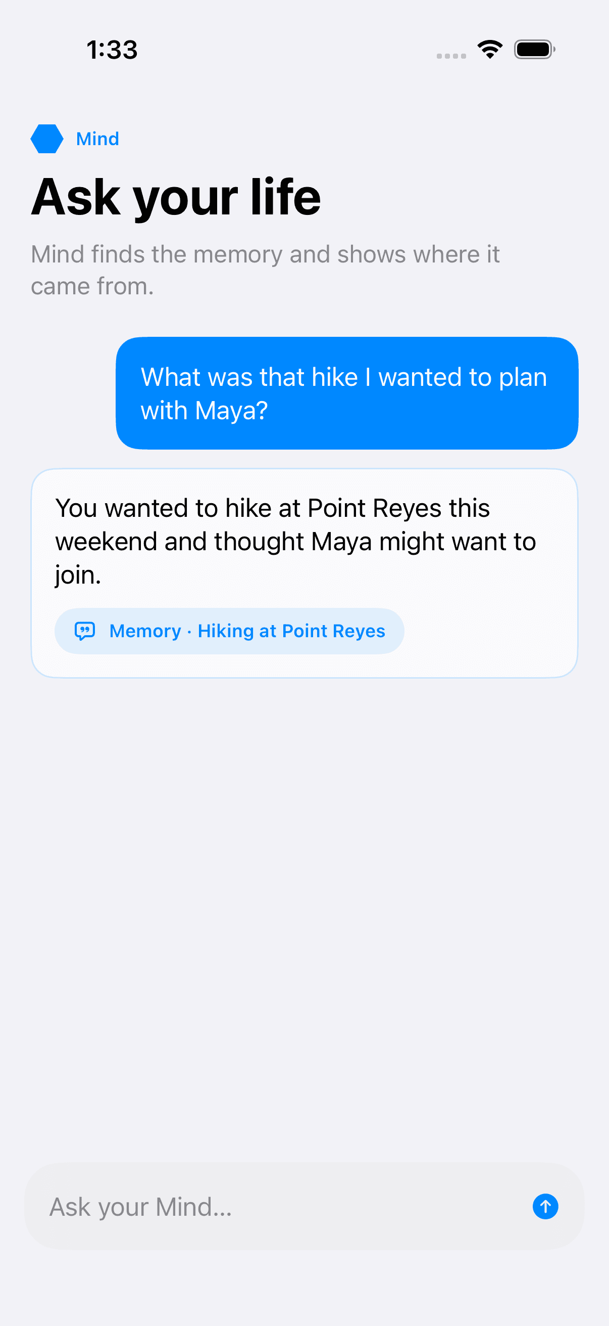 HiveMind answering a question about a hiking plan and linking back to the saved memory.
