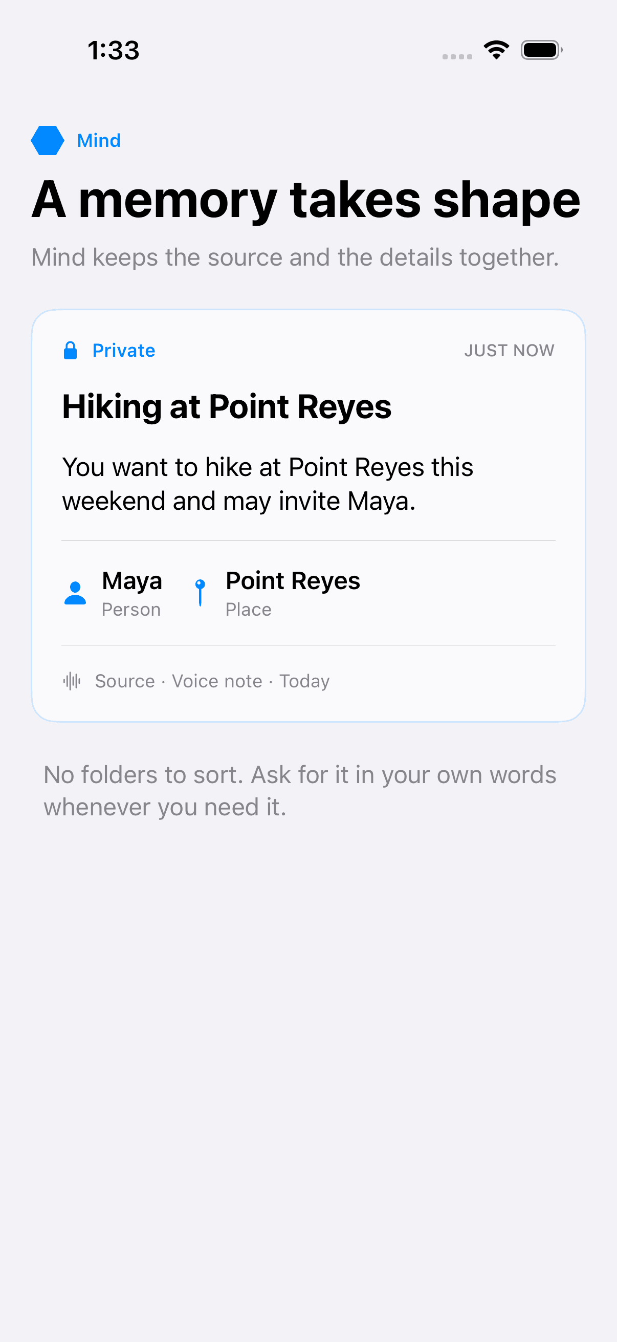 Private HiveMind memory created from the hiking voice note with its person, place, and source.