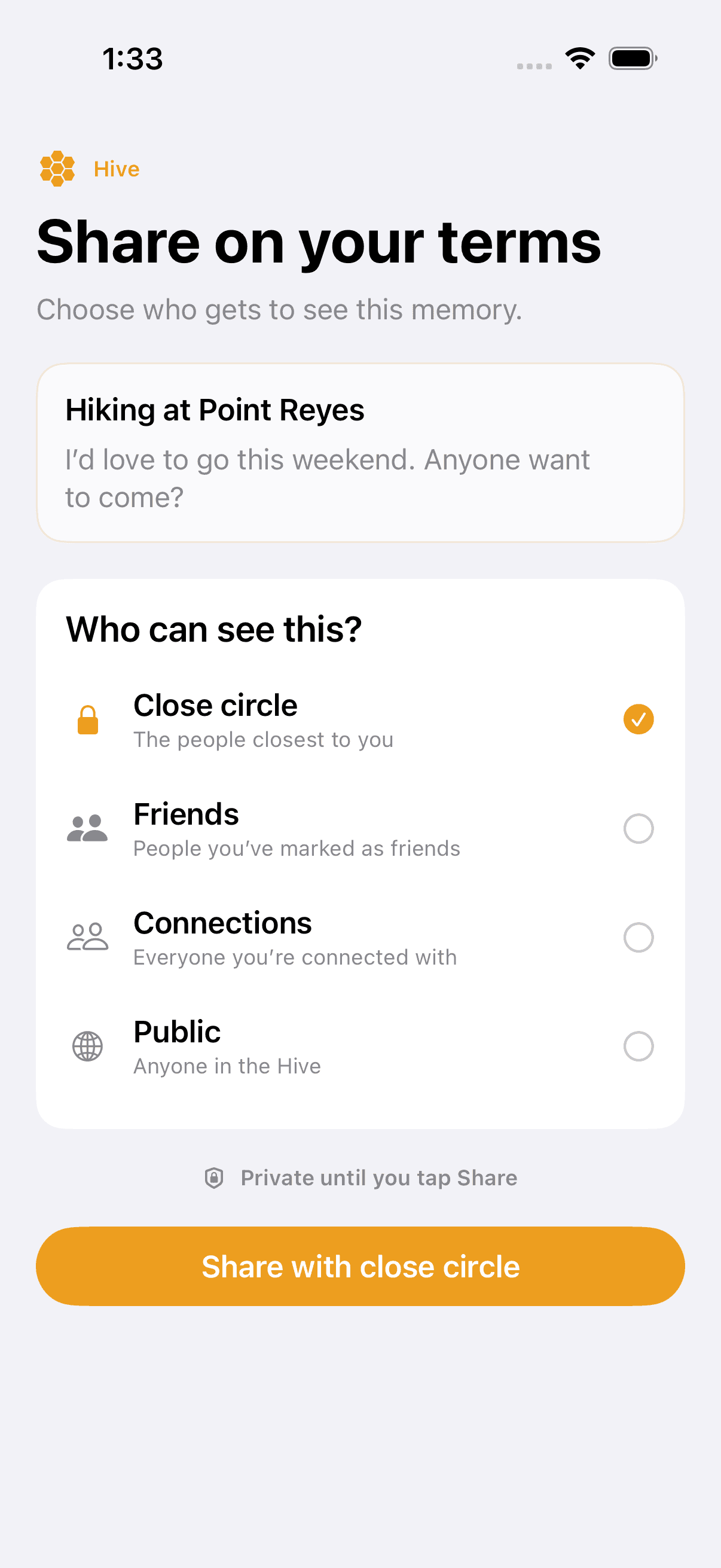 HiveMind audience chooser with Close circle selected for a hiking memory.