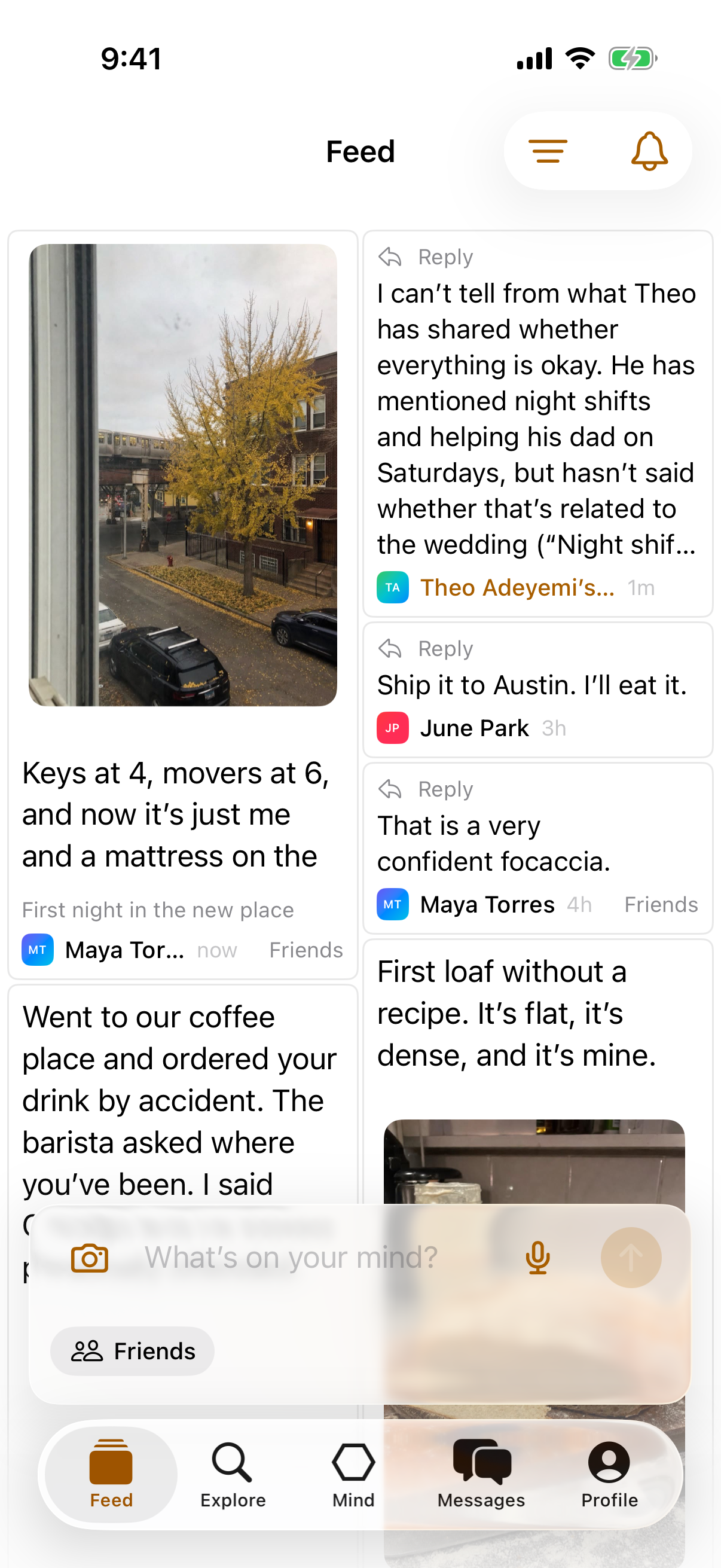 The Hive feed, where the same first-night note sits above her friends’ posts.