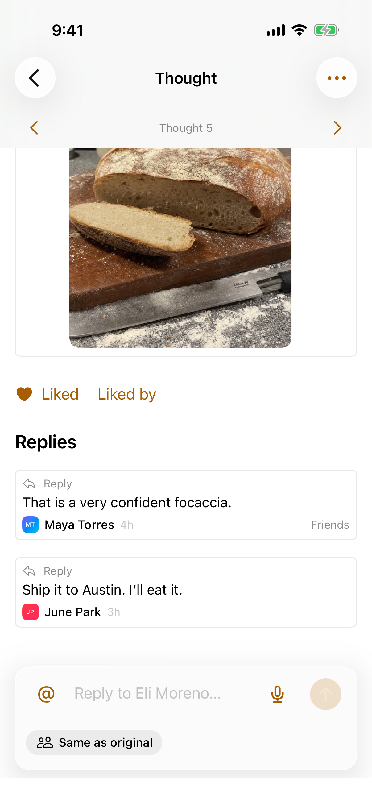 Eli’s first loaf, with Maya’s and June’s replies beneath it.