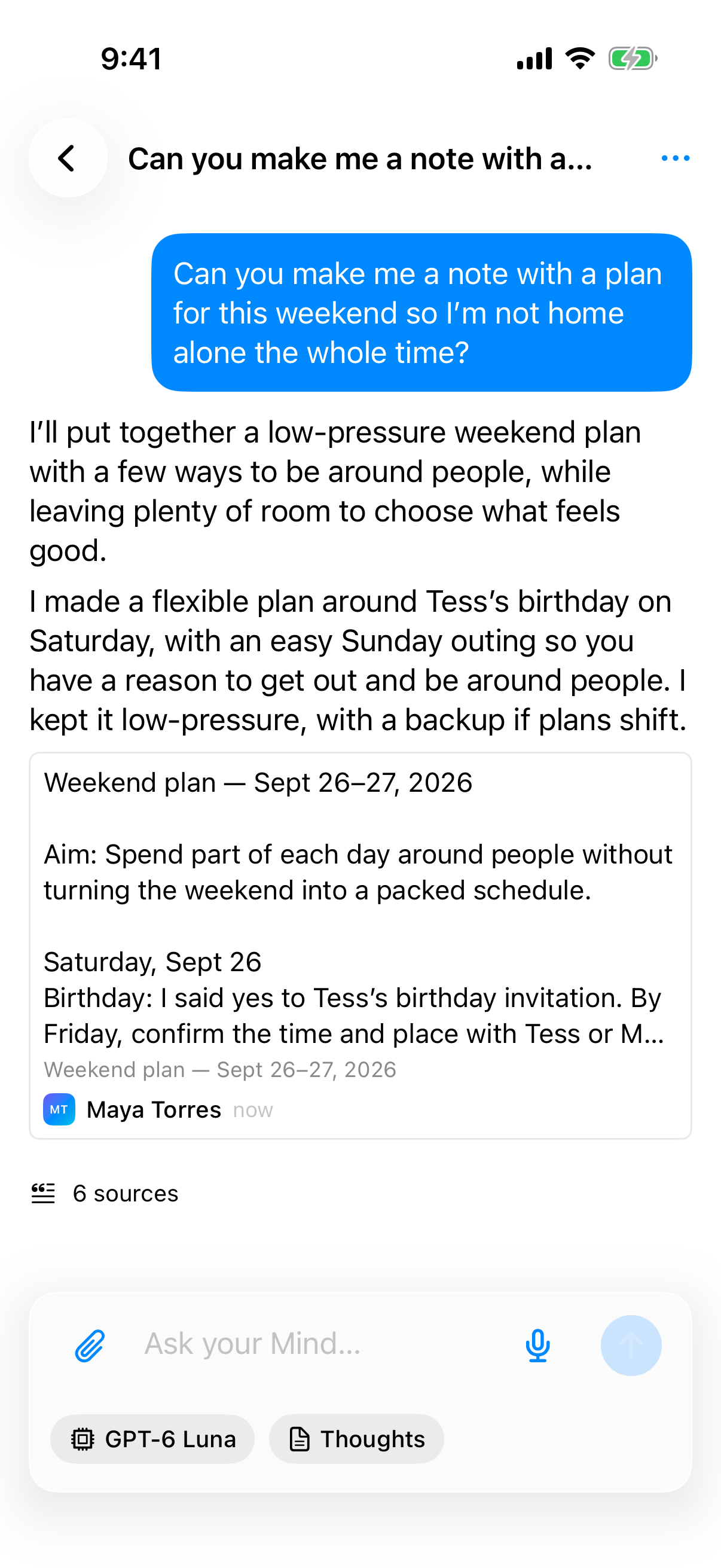 Maya’s Mind writes a weekend plan into her notes and shows the note it made.