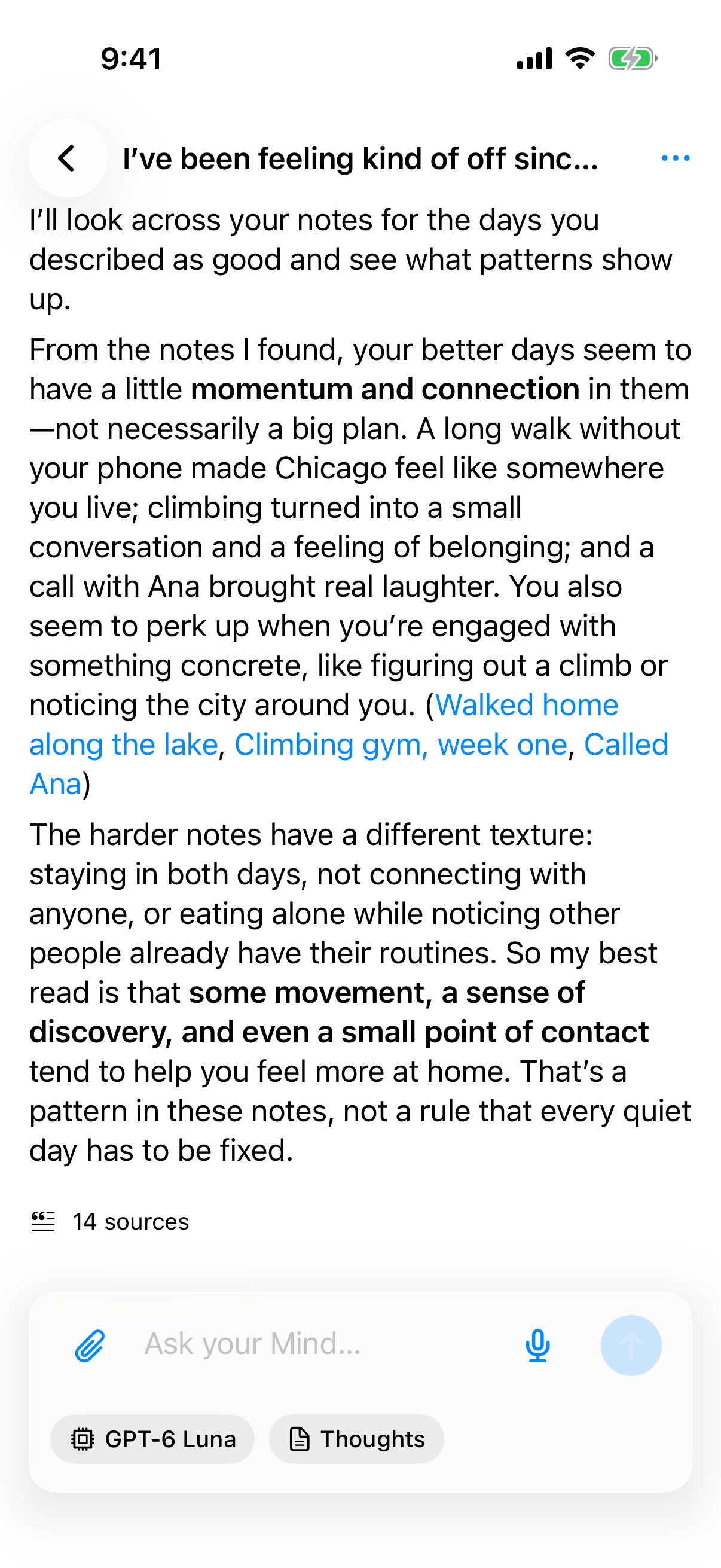 Maya tells her Mind she’s felt off since the move, and it talks it through with her.