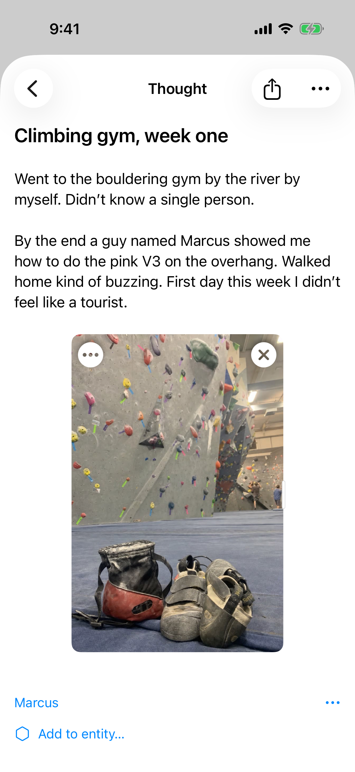 A source from that answer opens: Maya’s private note about her first week at the climbing gym, with its photo.