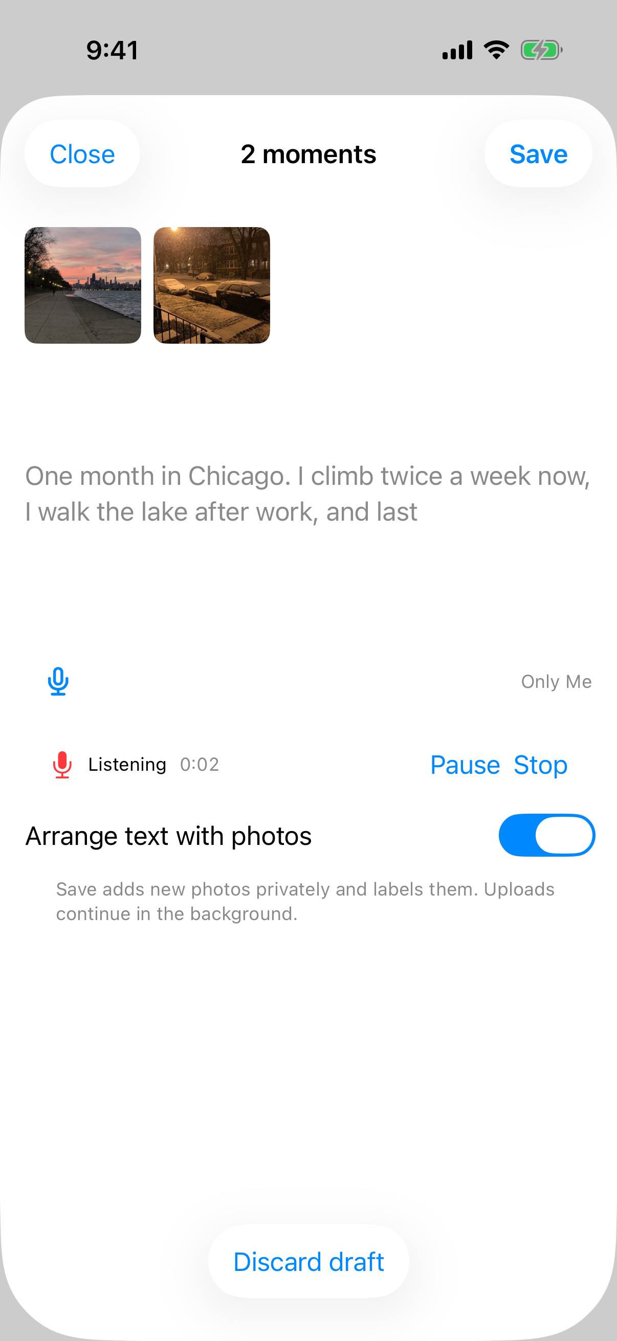 Maya picks two photos from her first month in Chicago and records a voice memo over them.