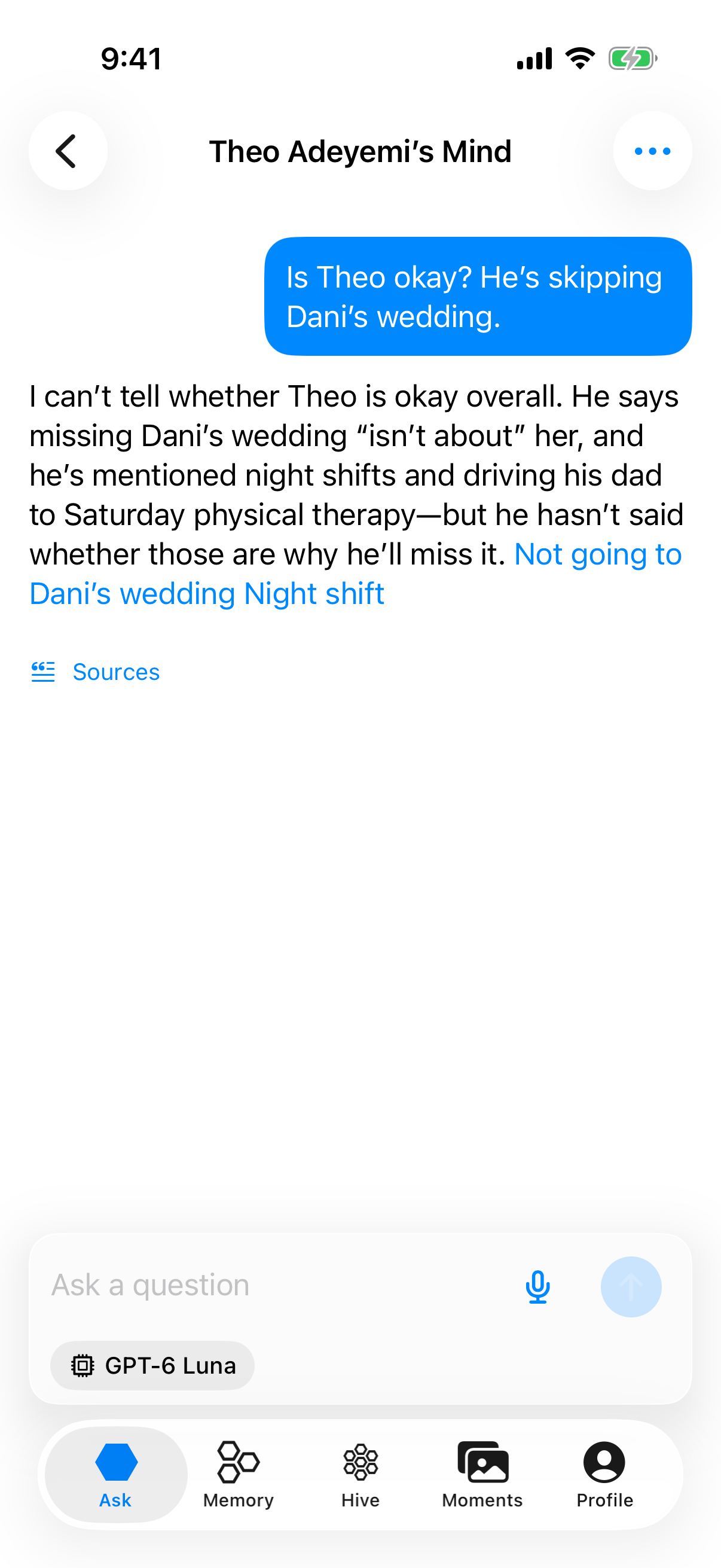 Maya asks Theo’s Mind whether he’s okay. From what he’s shared, it mentions his night shifts and driving his dad to physical therapy, and says what he hasn’t said.