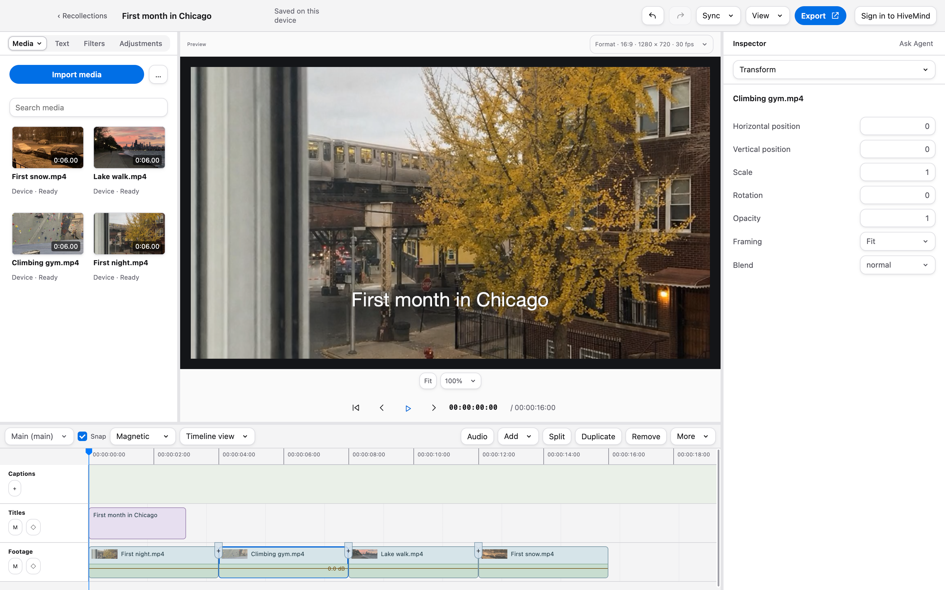 The Recollections editor on a Mac: Maya’s first night, climbing gym, lake walk and first snow on a timeline under the title First month in Chicago.